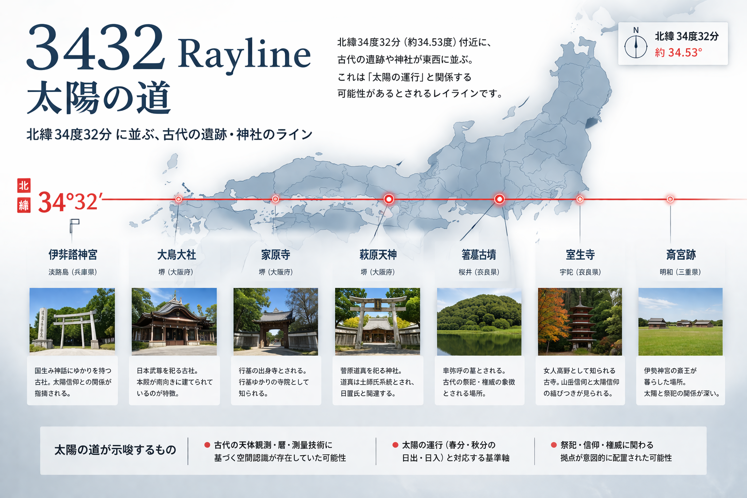 北緯34度32分「太陽の道（Ray Line）」